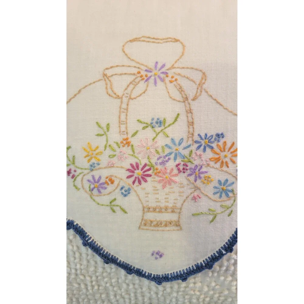 Upcycled Embroidered Flower Basket & Chenille Pillow — Handmade Shabby Chic